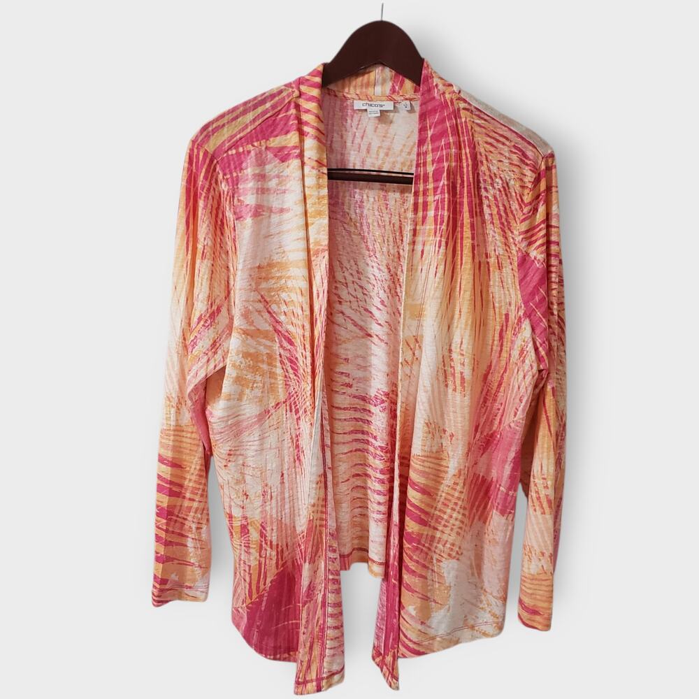 Chico's 100% Linen Vibrant Color Abstract Print Cardigan Sz 1 (M)‎ Pink Orange